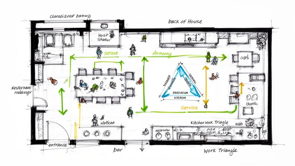 Hand-drawn restaurant floor plan illustrating kitchen work triangle, dining areas, bar, and service flow.