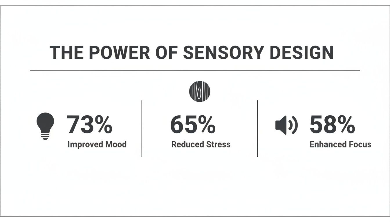 Infographic illustrating the power of sensory design, showing benefits for mood, stress, and focus.