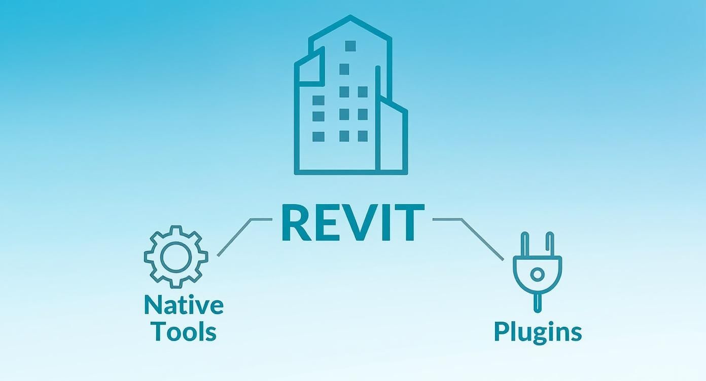 A diagram illustrating Revit software's connection to a building, native tools, and plugins.