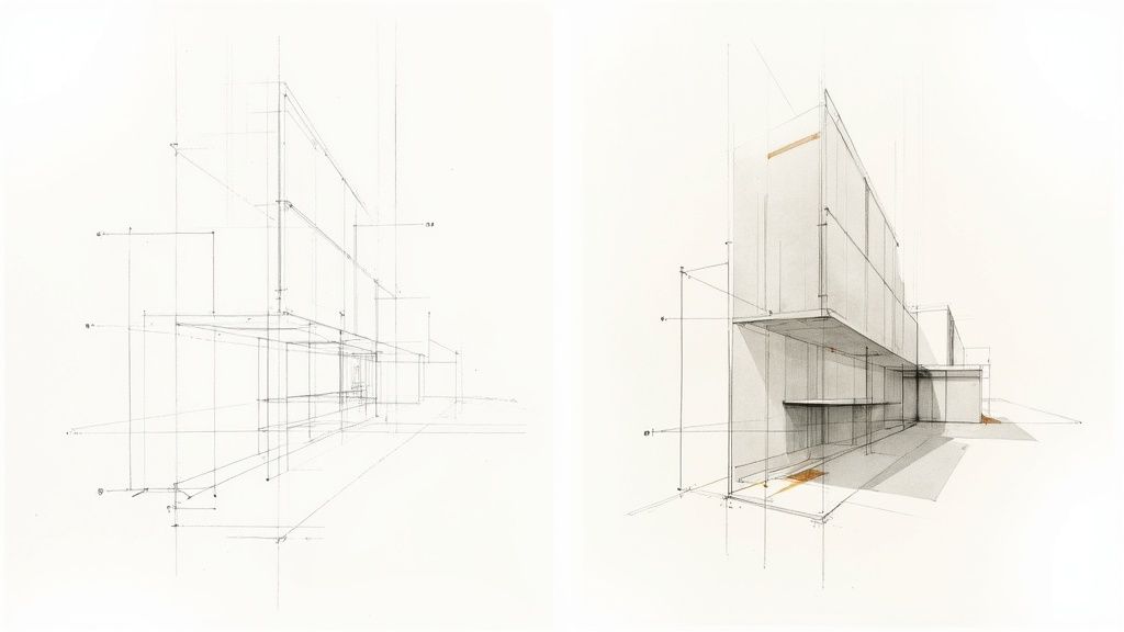 Two architectural drawings: a wireframe sketch next to a shaded perspective rendering of a modern building.