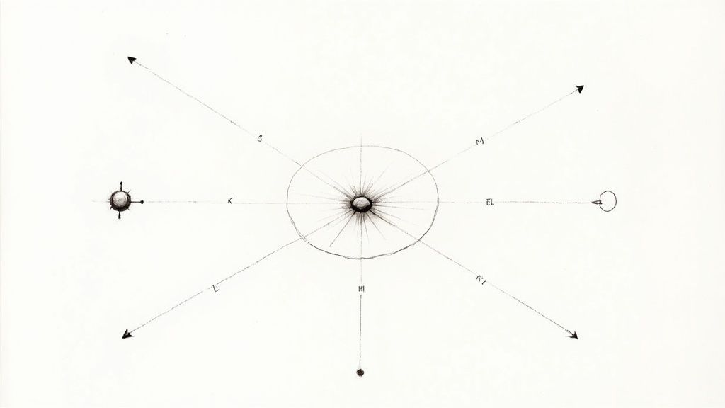A black and white diagram showing a central radiating sphere within an ellipse, with labeled lines extending to various symbols.
