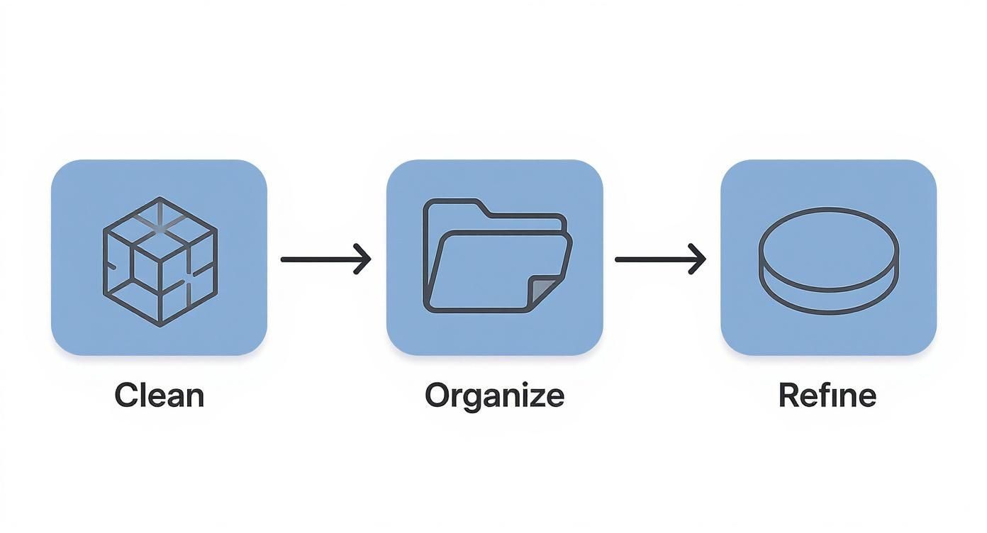 A blue-themed infographic illustrating a three-step process: Clean, Organize, and Refine with associated icons.