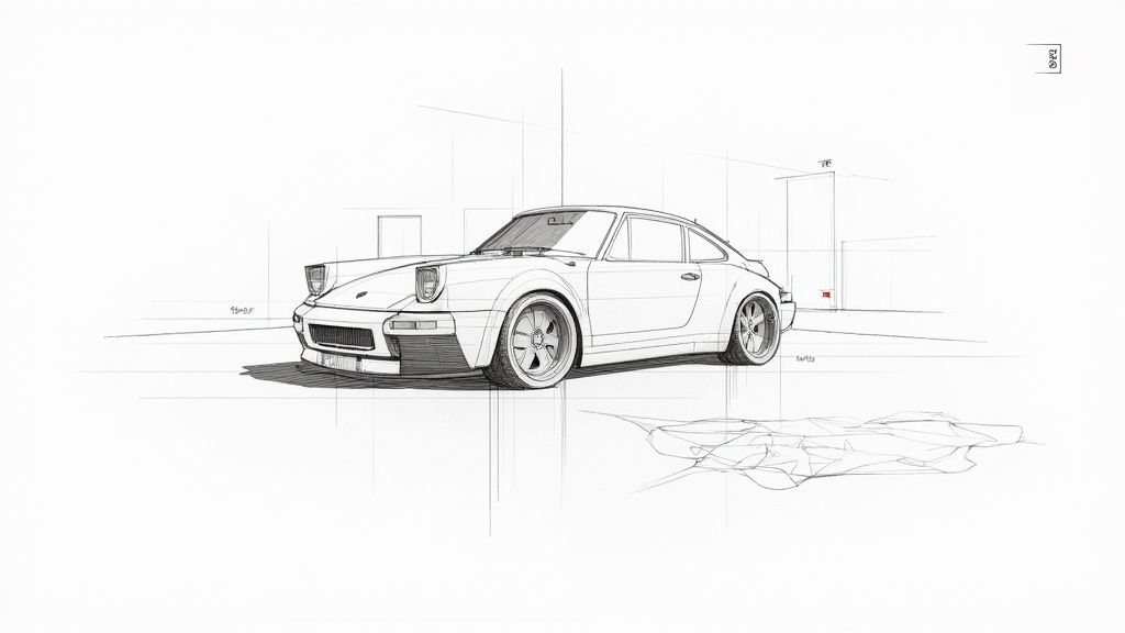 Detailed technical sketch of a wide-body classic Porsche 911 sports car in perspective.