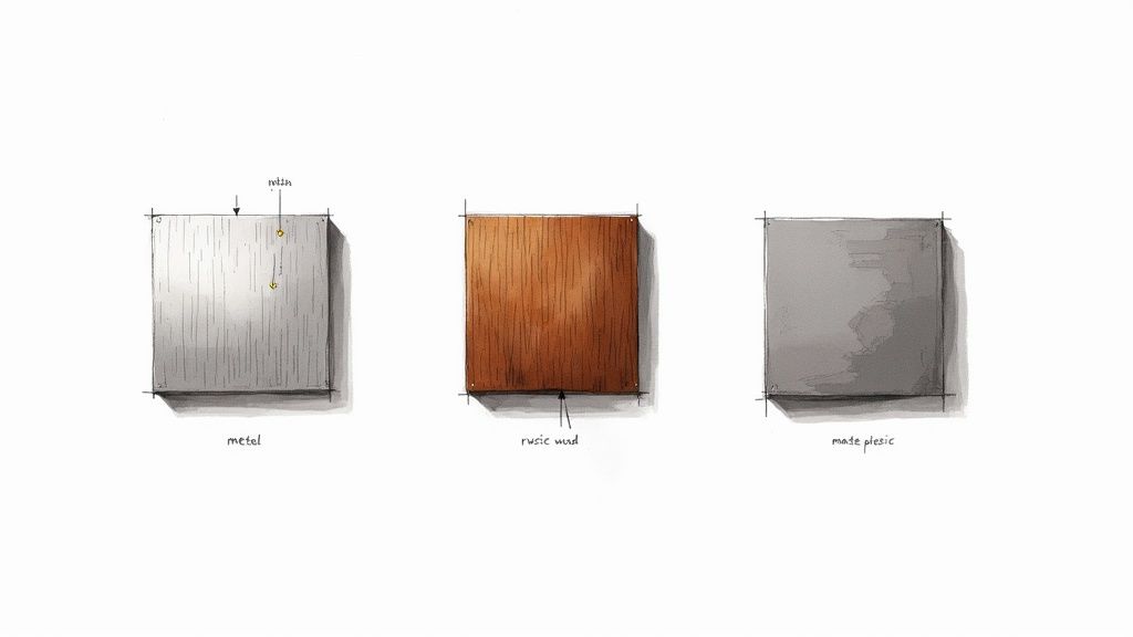 Hand-drawn sketches illustrating three material samples: metal, rustic wood, and matte plastic swatches.