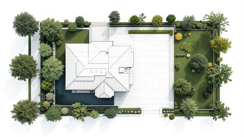 A futuristic architectural rendering showing glowing lines and data overlays on a cityscape.