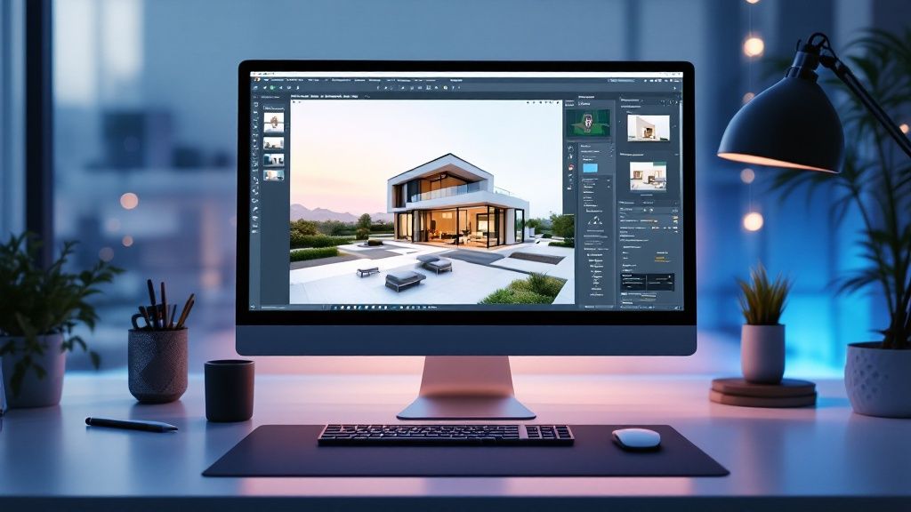 Bird's-eye view of a modern residential site plan rendering showing buildings, landscaping, and roads.