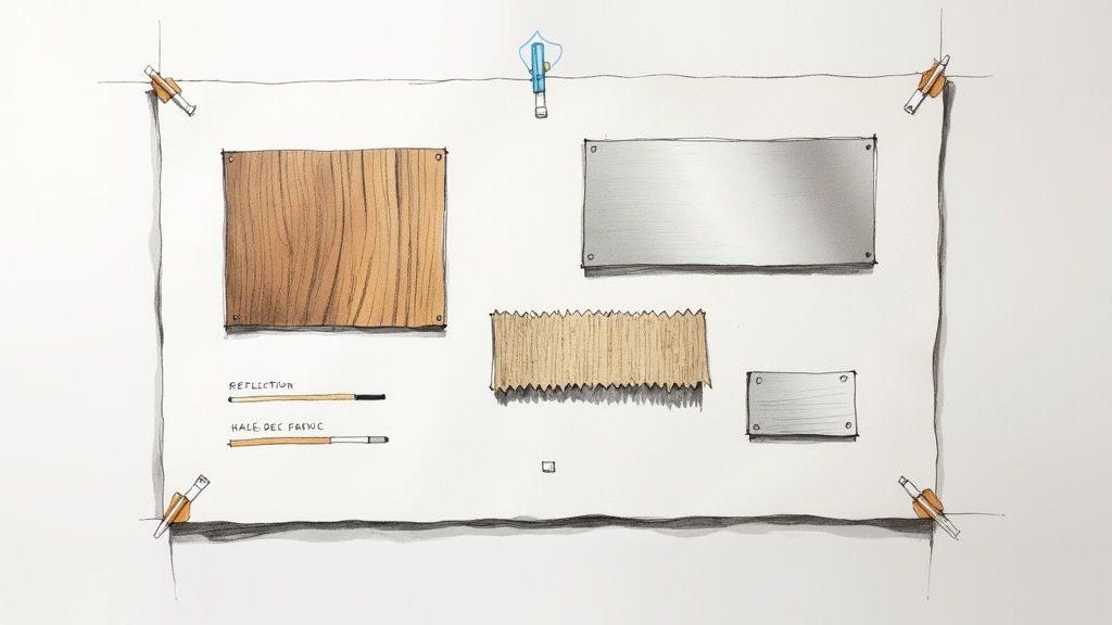 A realistic render of a living room scene showing detailed wood and fabric textures on furniture.