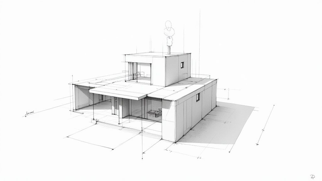 A detailed black and white architectural sketch of a modern multi-level house with flat roofs and large windows.