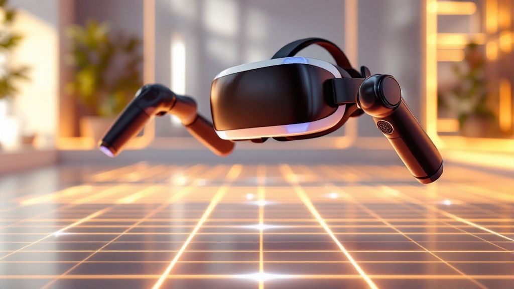 A person experiencing a virtual reality interior design walkthrough in a brightly lit, modern living space.