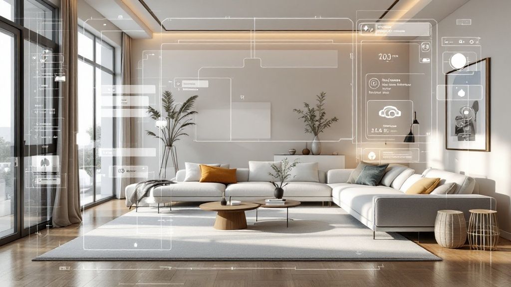 A person using a VR headset to explore a modern, virtually rendered living room design.