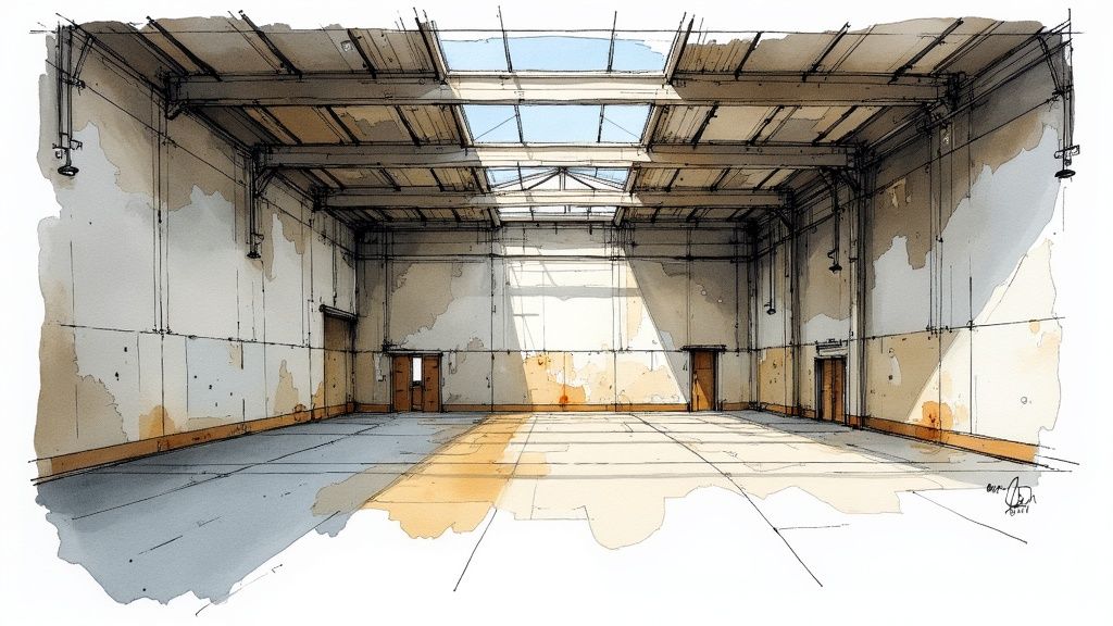 A watercolor sketch of an empty industrial warehouse interior with skylights and sunbeams.