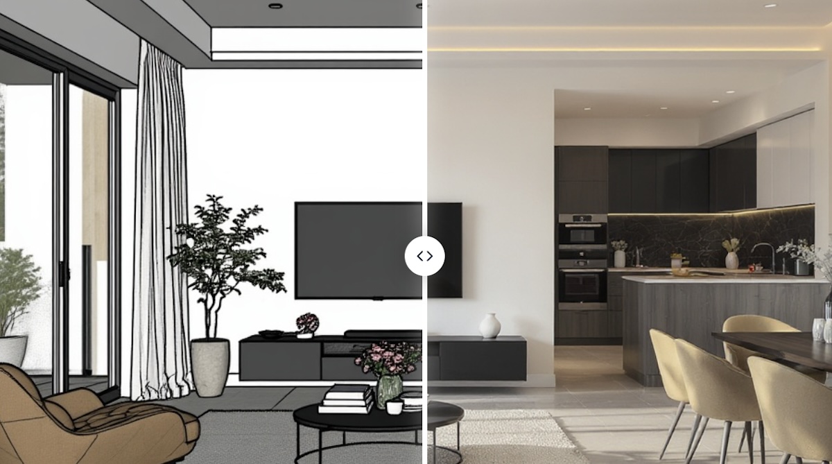 Before & After comparison of a 3D model and it's AI Render.